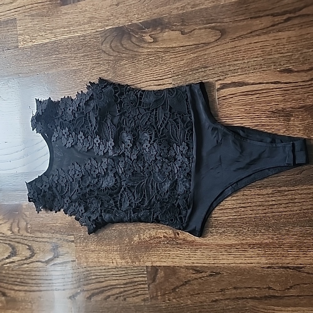 Large, Black Bodysuit with lace/mesh detail